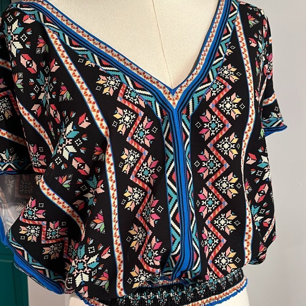 Flying Tomato Floral V-Neck Boho Women's Top - Black and Blue - small - Picture 3 of 8
